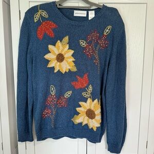 Alfred Dunner Sunflower Sweater L Embroidered Fall Floral Cottagecore Grandma